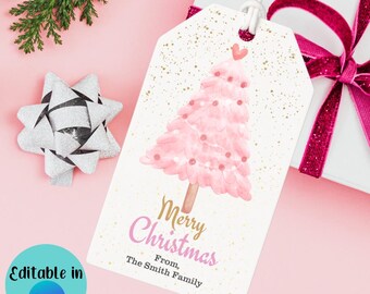 Printable Pink Christmas Gift Tag, Editable Canva Template (Digital Download)