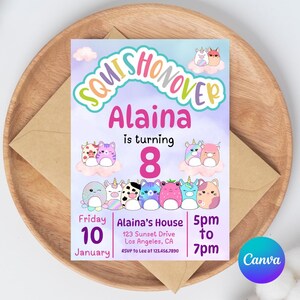 Squishmallow Birthday Invitation Template: Editable Squish Party Invite (CANVA edit)