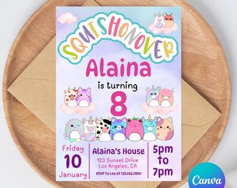 Squishmallow Geburtstagseinladung Vorlage: Bearbeitbare Squish Party Einladung (CANVA bearbeiten)