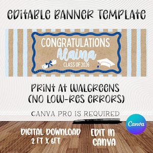 Puede incluir: Plantilla de banner editable con el texto "Felicidades Alaina, Clase de 2026". El banner mide 0,6 m x 1,8 m y presenta una combinación de colores azul y marrón. El banner es una descarga digital y se puede editar en Canva.