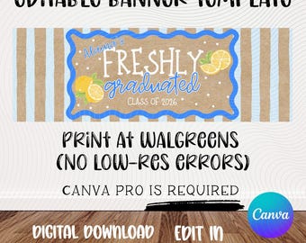 Graduation Banner Template | Freshly Graduated | Lemon Theme Grad | Blue | Editable Canva Design (Digital Download)