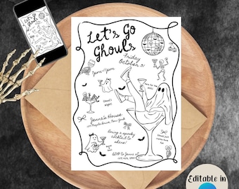 Halloween Party Invite | Lets Go Ghouls | Girls Night | Editable Canva Template | Digital Download