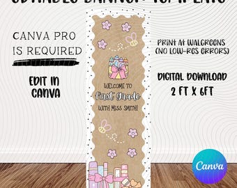 Editable First Grade Banner Template | Welcome Back Classroom Decor (Digital Download)