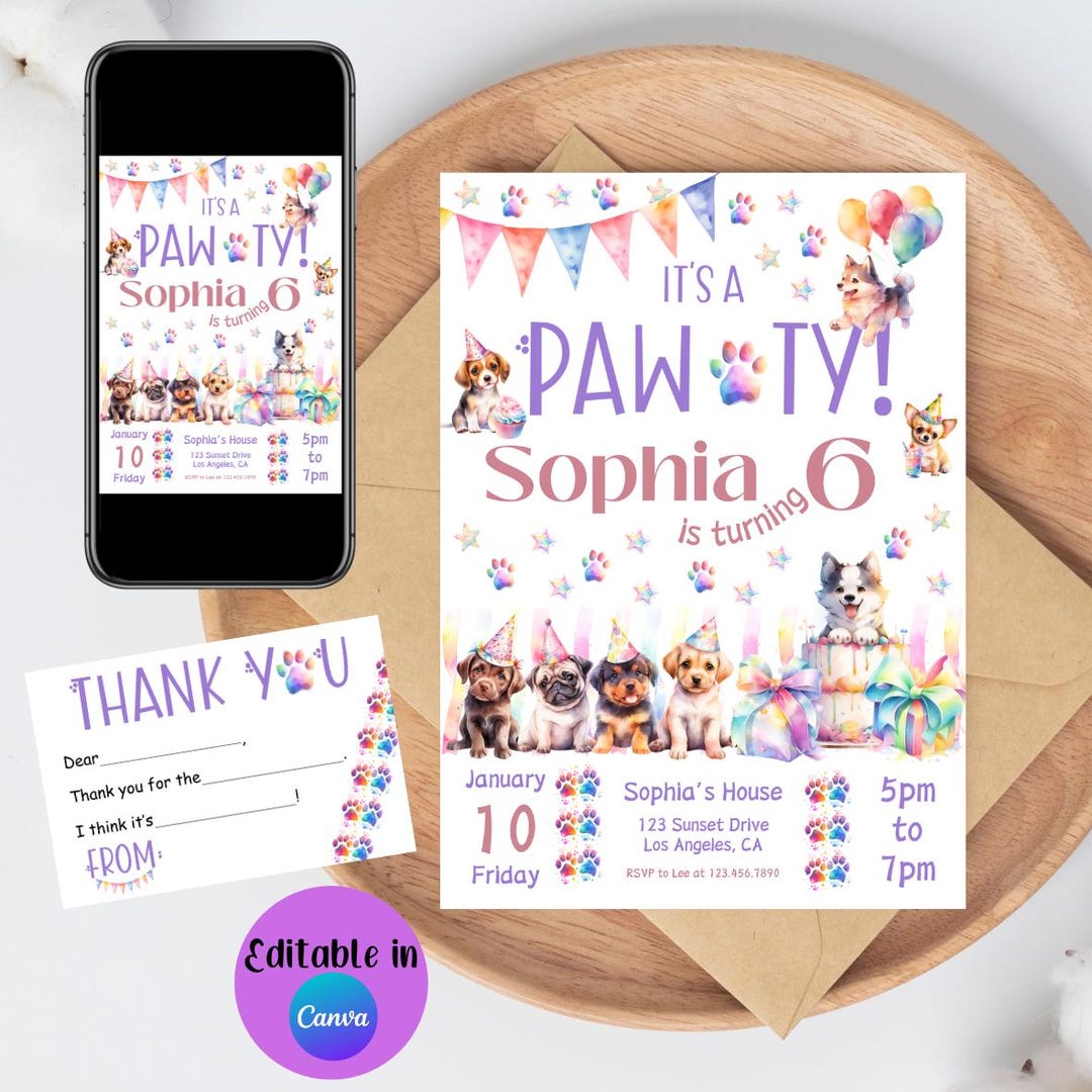 Editable Puppy Birthday Invitation Template: Dog Pawty Invite (CANVA ...