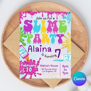 Plantilla editable de invitación para fiesta de cumpleaños de slime (edición CANVA)