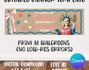 4. Juli Hot Dog Banner Vorlage | Bearbeitbares Canva Design | Vaterländisch | Unabhängigkeitstag