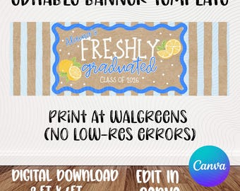 Graduierung Banner Vorlage | Frisch graduiert | Lemon Theme Grad | Blau | Bearbeitbares Canva Design (Digitaler Download)