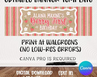 Berry First Birthday Template | Strawberry Theme | Party Banner |Editable Canva Design (Digital Download)