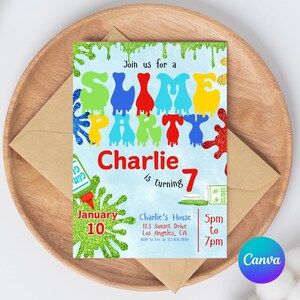 Plantilla editable de invitación de cumpleaños de slime: invitación para fiesta de slime (edición CANVA)