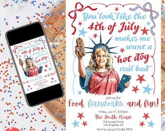 Lustige 4. Juli Grilleinladung, Feuerwerk, Hot Dog (CANVA)