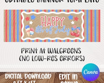 4. Juli Banner Vorlage | Vaterländisch | Amerika Theme | Bearbeitbares Canva Design (Digitaler Download)