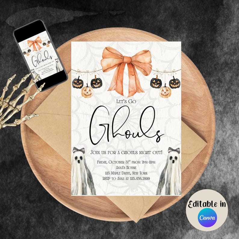May include: Halloween-themed invitation with the text "Let's Go Ghouls." The design features an orange bow, hanging pumpkins, and ghost illustrations. The invitation includes event details and is editable in Canva.