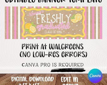 Graduation Banner Template | Freshly Graduated | Lemon Theme Grad | Editable Canva Design (Digital Download)