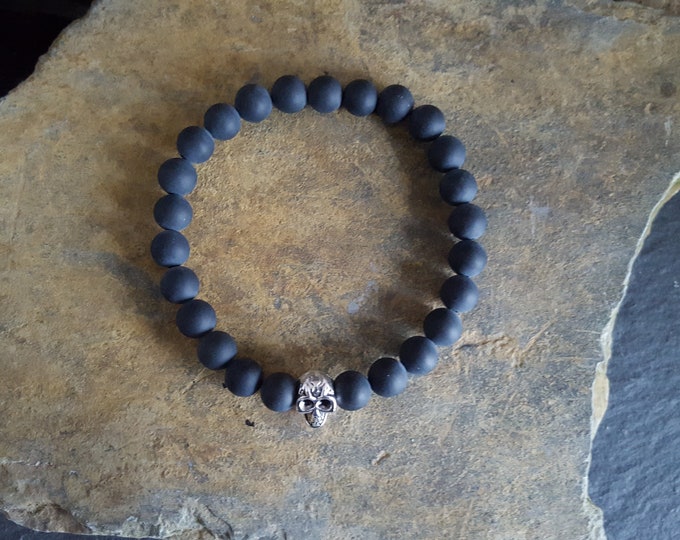 Frosted Black Onyx Genuine Semi-Precious Gemstone Bracelet With Tibetan Silver Skull