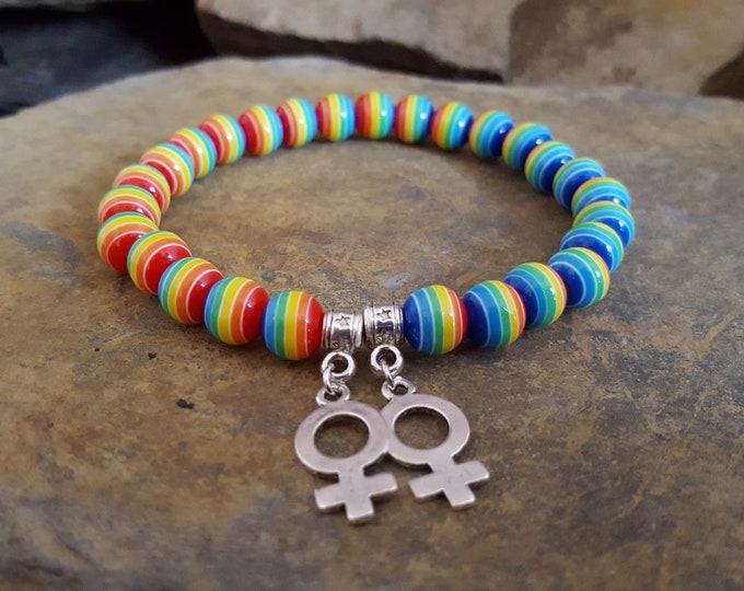 Rainbow Coloured Resin Bead Bracelet With Tibetan Silver Female Gender Symbol Charms