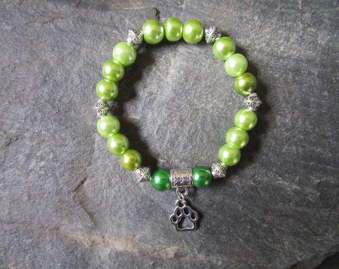 Green Glass Pearl Bead Bracelet With Silver Paw Charm