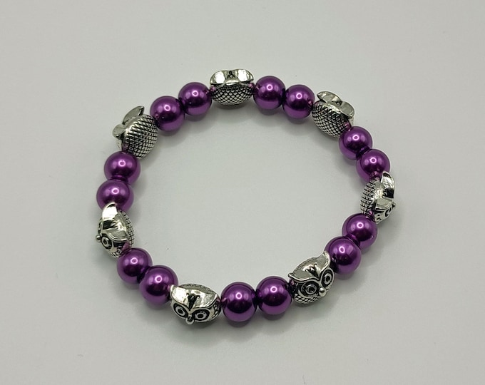 Purple Glass Pearl Beaded Bracelet With Tibetan Silver Owl Spacers.