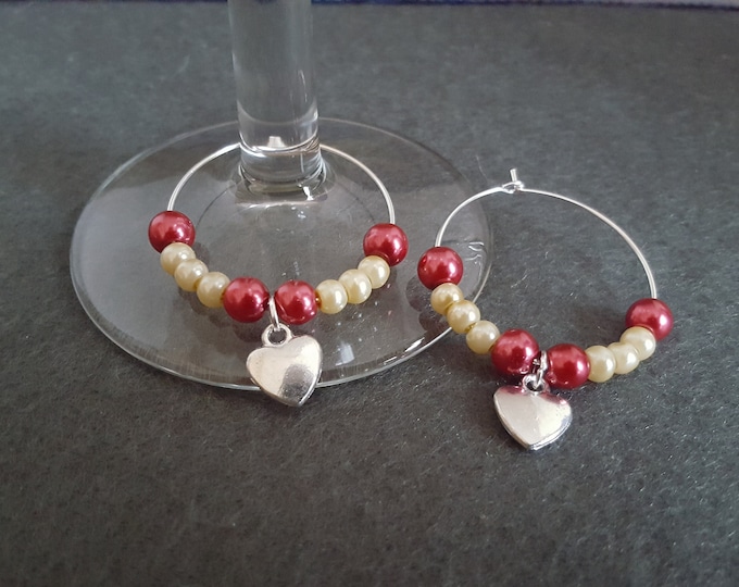 Love Heart Wine Glass Charms Set of 2 Red and Cream