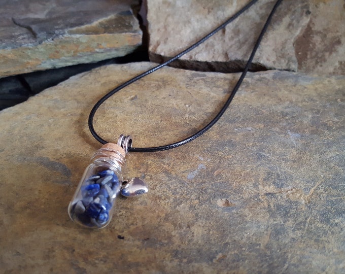 Lapis Lazuli Crystal Bottle Necklace with Silver Heart Charm