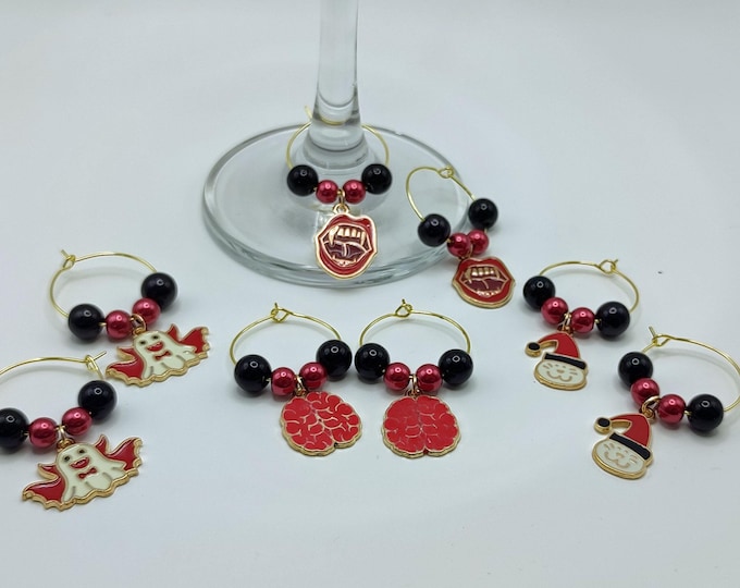 Halloween Wine Glass Charms Set of 8 Black and Red