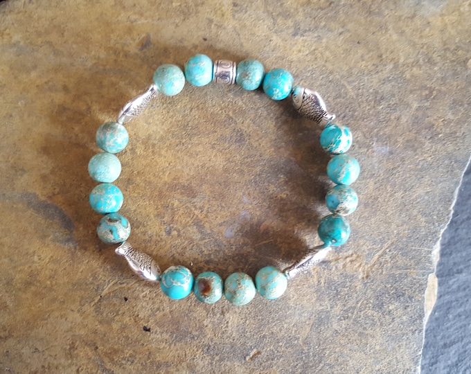 Aqua Impression Jasper Genuine Semi-Precious Gemstone Bracelet With Tibetan Silver Fish and Spacer