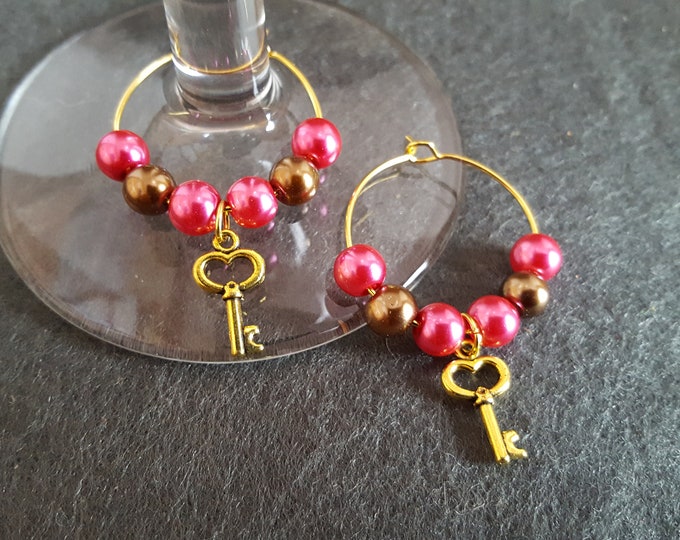 Valentines Wine Glass Key Charm Set of 2 Gold and Pink
