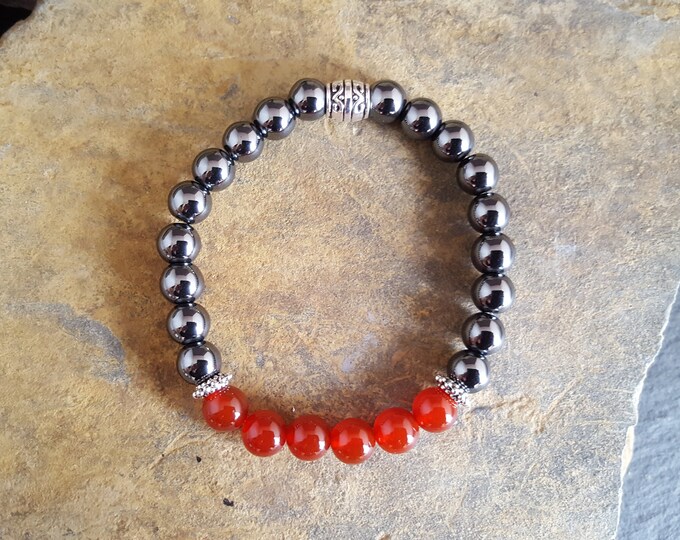 Red Carnelian and Hematite Genuine Semi-Precious Gemstone Bracelet With Tibetan Silver Spacers