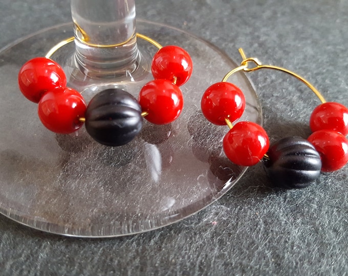 Valentines Wine Glass Ring Set of 2 Red and Black