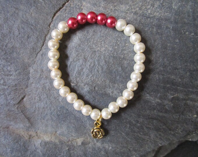 Pink & White Glass Pearl Bead Bracelet with Gold Flower Charm