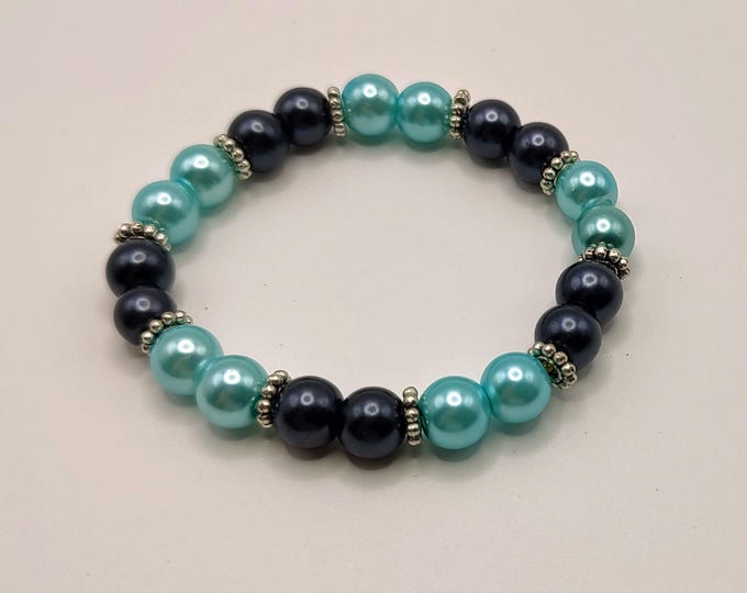 Dark Grey and Blue Glass Pearl Beaded Bracelet with Tibetan Silver Spacers.