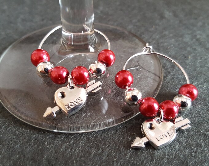 Love Heart Arrow Wine Glass Charms Set of 2 Red and Silver