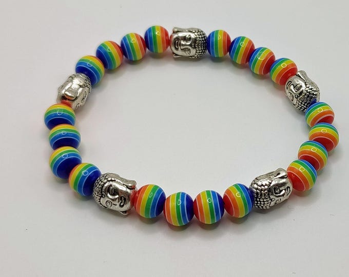 Rainbow Stripped Beaded Bracelet With Silver Buddha Heads.