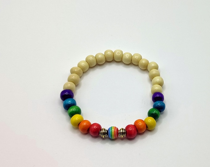 Rainbow Wooden Beaded Bracelet With Spacers and Rainbow Bead.