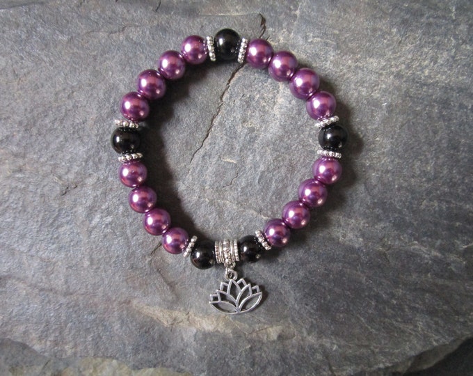 Purple and Black Glass Pearl Bead Bracelet With Silver Lotus Charm