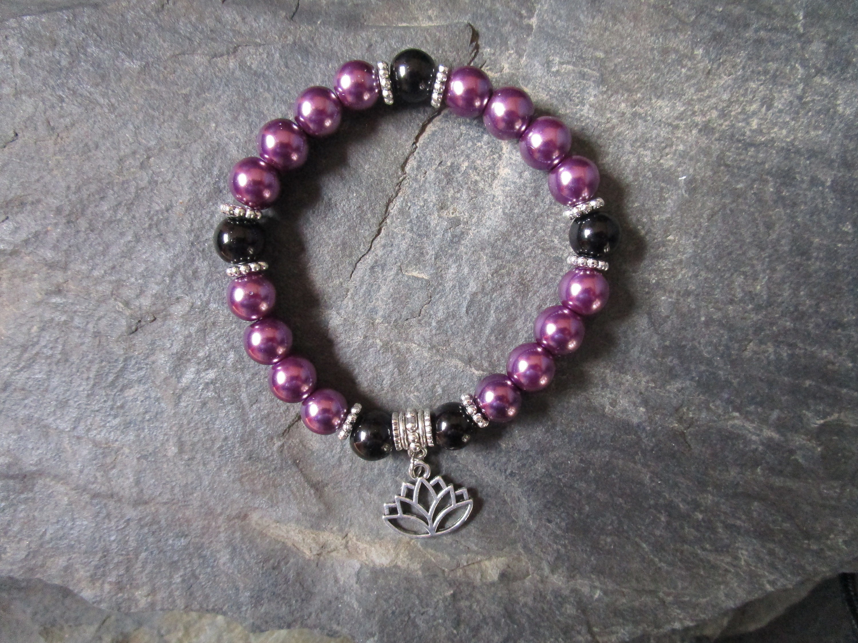 Purple and Black Glass Pearl Bead Bracelet With Silver Lotus