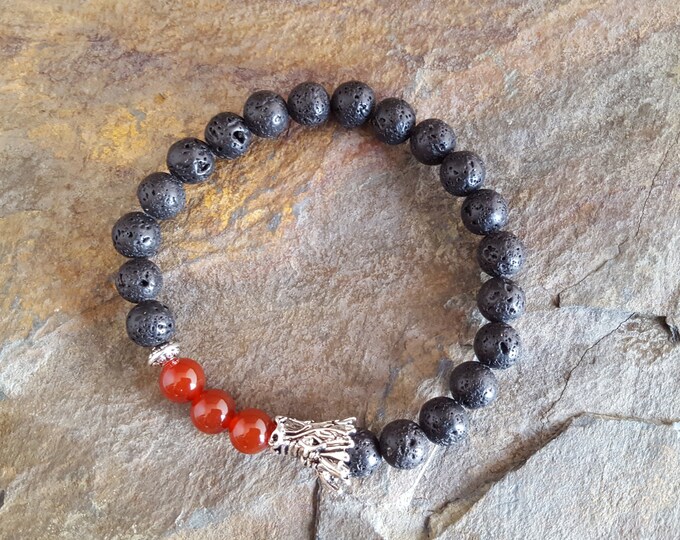 Red Carnelian Genuine Semi-Precious Gemstone Black Lava Diffuser Bracelet With a Tibetan Silver Dragon Head