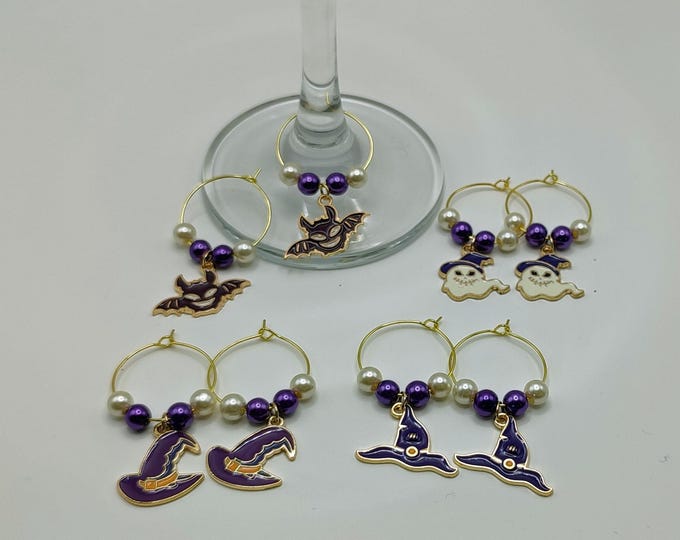 Halloween Wine Glass Charms Set of 8 Purple and White