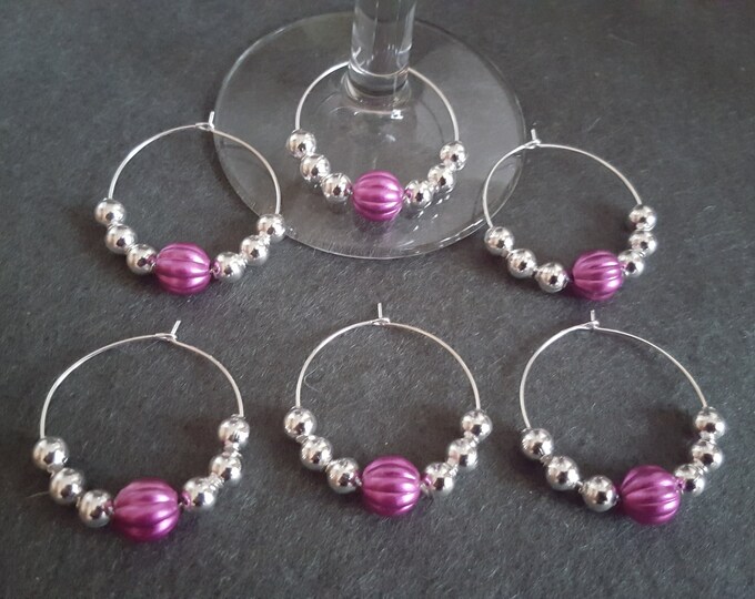 Wine Glass Rings Set of 6 Silver and Purple