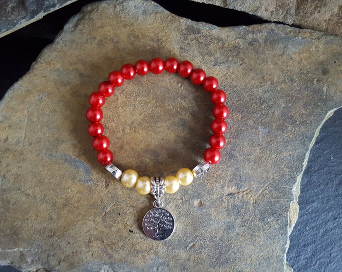 Red and Cream Glass Pearl Bead Bracelet With Silver Tree Of Life Charm and Spacers
