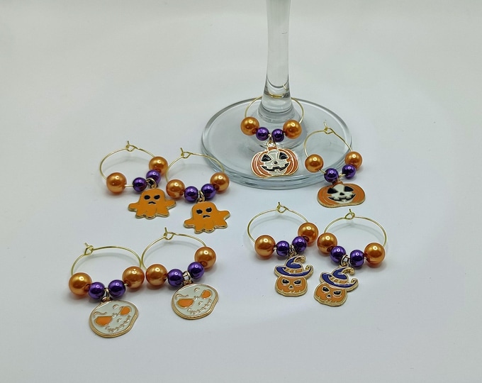 Halloween Wine Glass Charms Set of 8 Purple and Orange