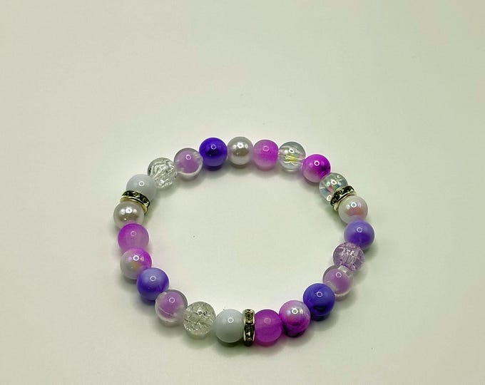 Pink, White And Purple Beaded Bracelet With Diamante Rondelle Silver Spacers.