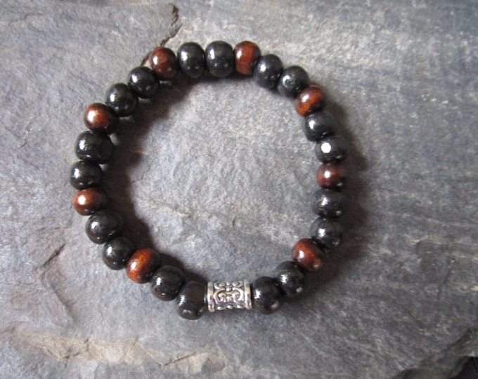Black and Brown Unisex Wooden Bead Bracelet with Tibetan Silver Spacer