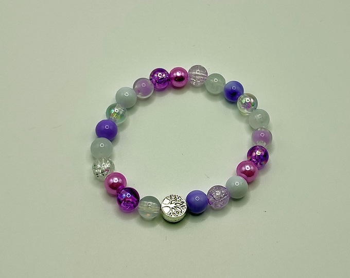 Pink, White And Purple Beaded Bracelet With Tibetan Silver Tree Of Life Charm