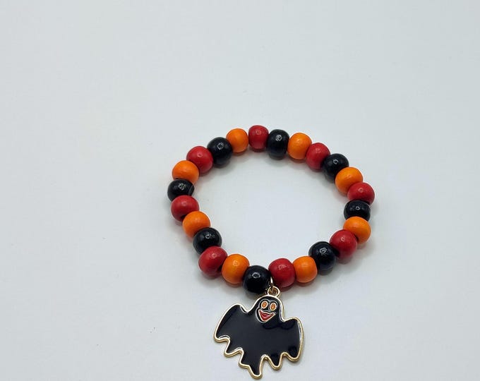 Red, Orange And Black Wooden Beaded Bracelet With Ghost Charm.