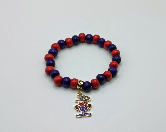 Red And Purple Wooden Beaded Bracelet With Scarecrow Charm.