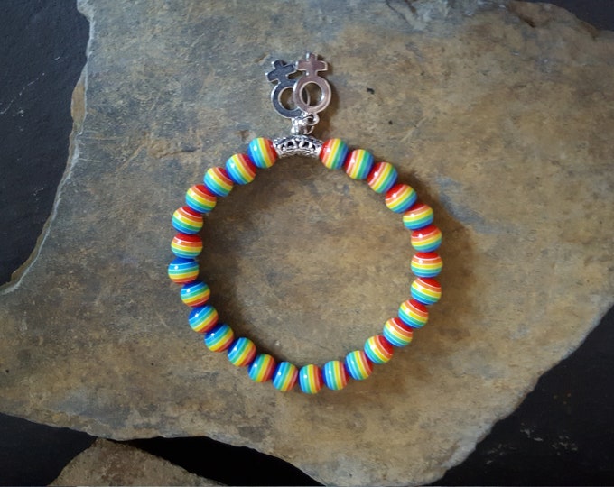 Rainbow Coloured Resin Bead Bracelet With Tibetan Silver Female Gender Symbol Charms