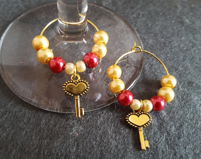 Couples Wine Glass Heart Key Charms Set of 2 Red and Gold