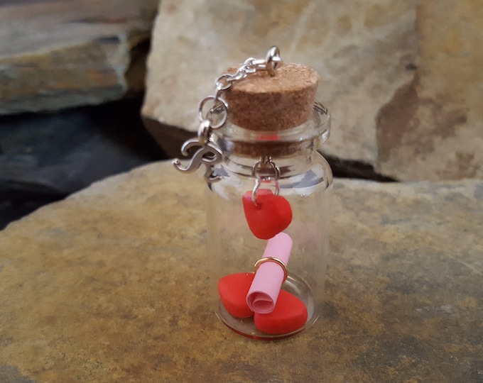 Message in a Bottle with Red Heart Charm and Silver Initial Charm