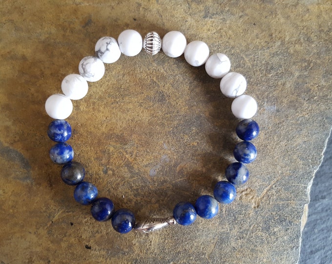 Lapi Lazuli Stone and White Howlite  Genuine Semi-Precious Gemstone Bracelet With a Tibetan Silver Fish and Tibetan Silver Spacer
