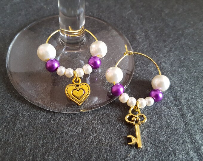 Couples Wine Glass Heart Key Charms Set of 2 Purple and White